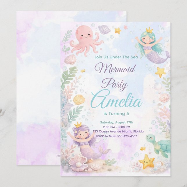 Invitación Under The Sea Mermaid Birthday Invitation (Anverso / Reverso)