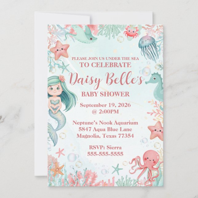 Invitación Under the Sea Mermaid Chicas Baby Shower (Anverso)