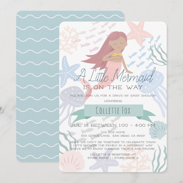 Invitación Under the Sea Mermaid Green Drive-by Baby Shower I (Anverso / Reverso)