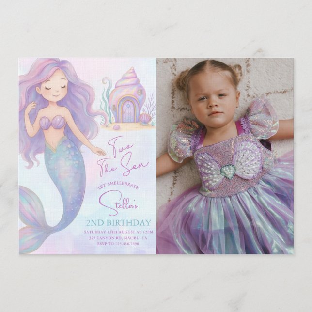 Invitación Under the Sea Mermaid Purple 2nd Birthday Photo (Anverso)