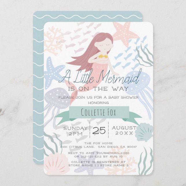 Invitación Under the Sea Mermaid Sea Green Baby Shower (Anverso / Reverso)