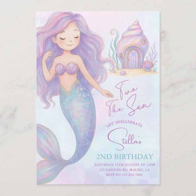 Invitación Under the Sea Mermaid Sea Purple Girl 2nd Birthday (Anverso)