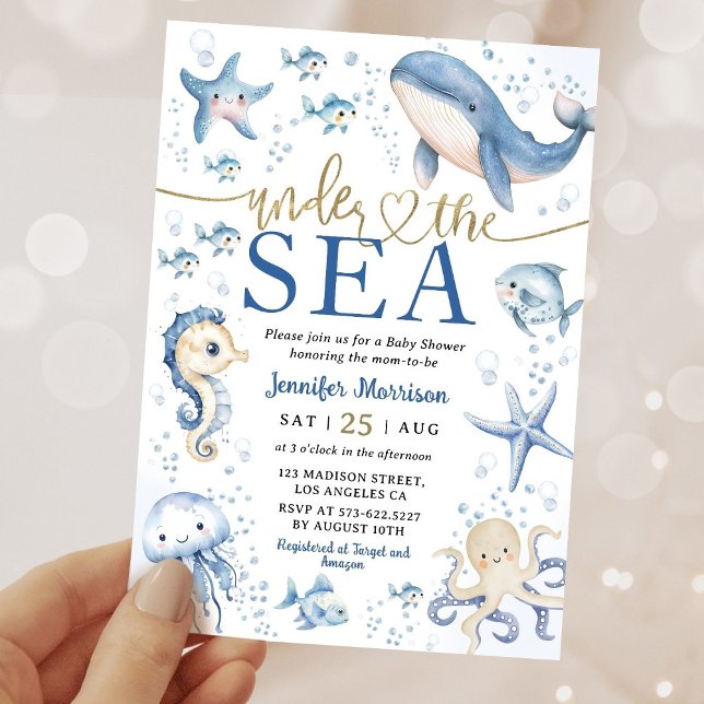 Invitación Under The Sea Ocean Baby Shower Boy Navy Blue Gold (Subido por el creador)