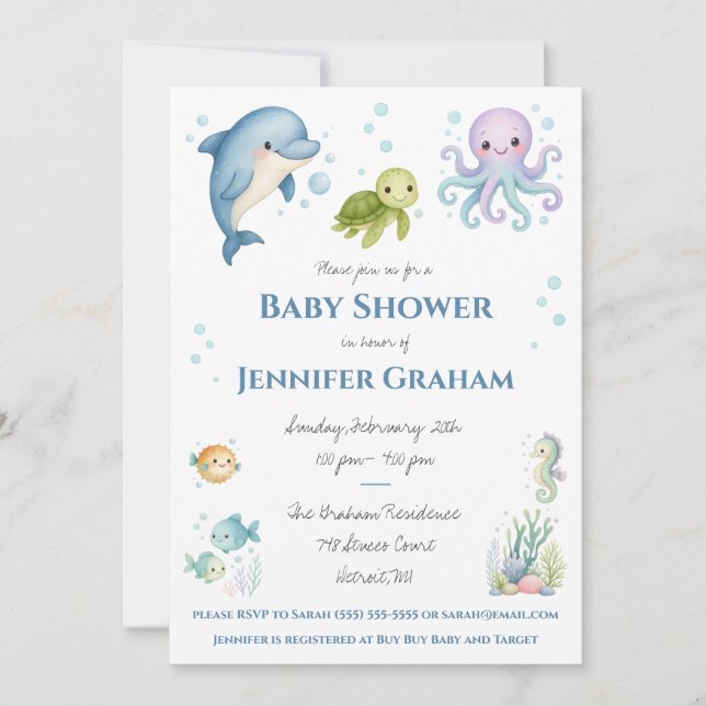 Invitación Under the Sea, Ocean Creatures Baby Shower (Anverso)