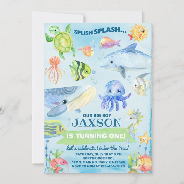 Invitación Under the Sea ocean life boy birthday invite. (Anverso)
