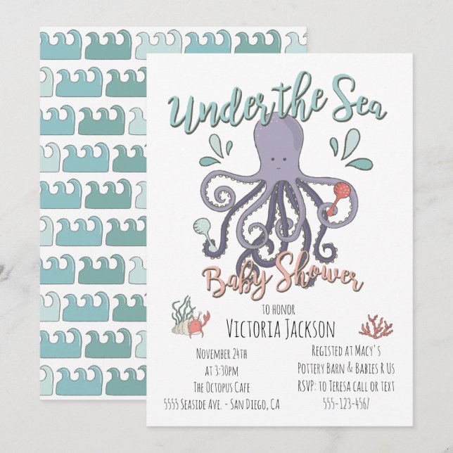 Invitación Under the Sea Octopus Baby Shower (Anverso / Reverso)
