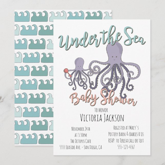 Invitación Under the Sea Octopus Baby Shower (Anverso / Reverso)