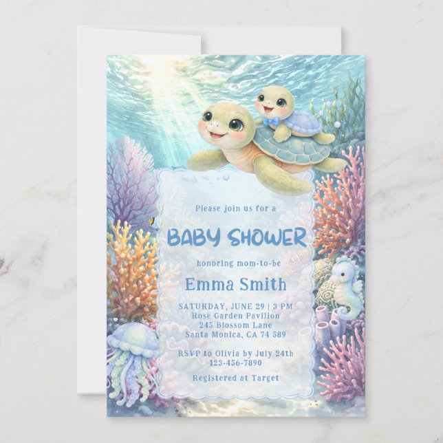 Invitación Under the Sea Turtle Mom & Baby Boy Baby Shower (Anverso)