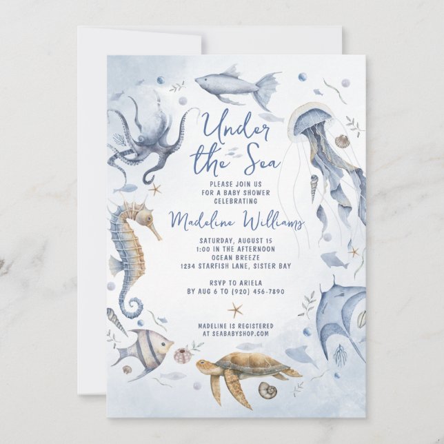 Invitación Under the Sea Watercolor Baby Shower (Anverso)