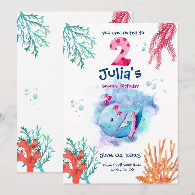Invitación Under the Sea Whale, cumpleaños de los animales de (Anverso / Reverso)