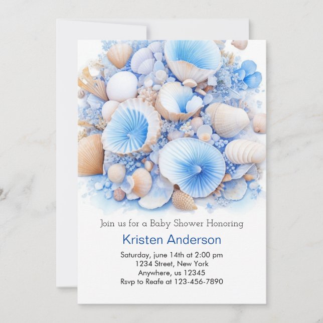Invitación Under the Sea Whimsical Blue Shell Boy Baby Shower (Anverso)
