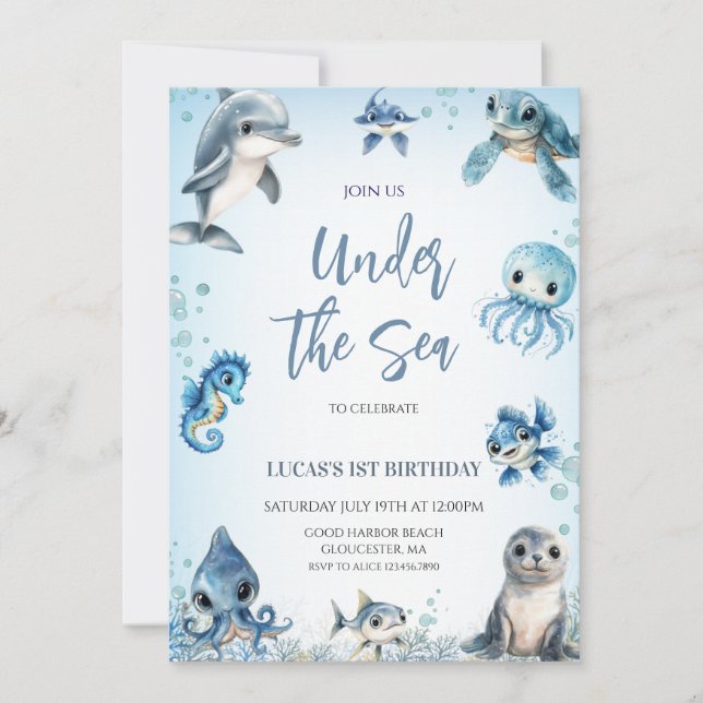 Invitación Uneder the Sea Ocean Blue Boy primer cumpleaños (Anverso)