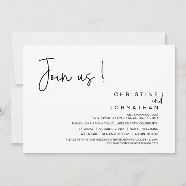 Invitación Únete a nosotros, Boda Elopement Dinner, Fiesta, b (Anverso)