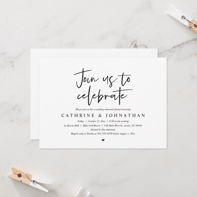 Invitación Únete a nosotros para celebrar, Boda Ensayo Cena (Anverso/Reverso In Situ)