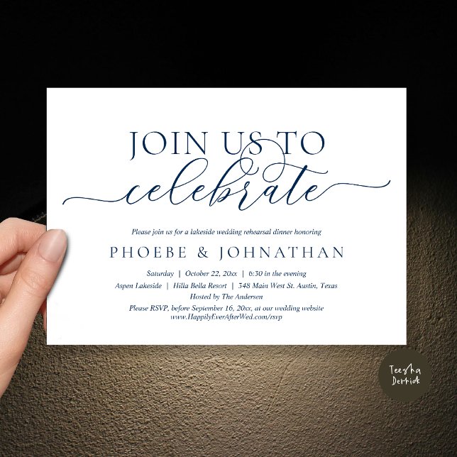 Invitación Únete A Nosotros Para Celebrar, Boda Ensayo Cena I (Join Us To Celebrate, Romantic Wedding Rehearsal Dinner Invitation Card, PDF, in Navy Blue)