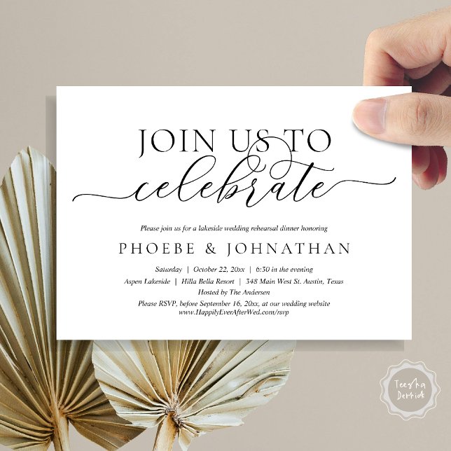 Invitación Únete A Nosotros Para Celebrar, Boda Ensayo Cena I (Join Us To Celebrate, Romantic Wedding Rehearsal Dinner Invitation Card, PDF, in Black and White)