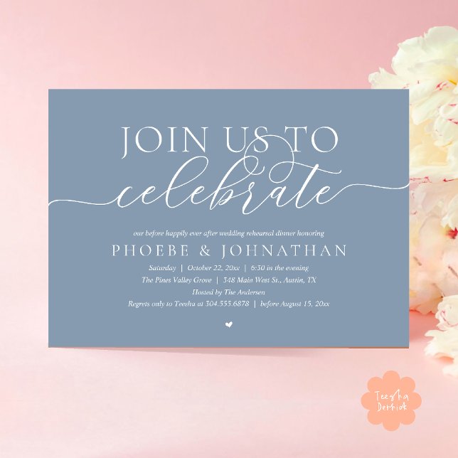 Invitación Únete a Nosotros para Celebrar, Cena de Ensayo de  (Join Us To Celebrate, Modern Classy Wedding Rehearsal Dinner Invitation card in dusty blue)