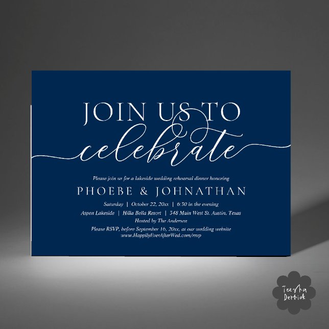 Invitación Únete a Nosotros para Celebrar, Cena de Ensayo de  (Join Us To Celebrate, Wedding Rehearsal Dinner Invitation card in navy blue)