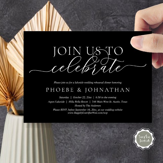 Invitación Únete A Nosotros Para Celebrar La Cena De Ensayos  (Join Us To Celebrate, Romantic Wedding Rehearsal Dinner Invitation Card, PDF, in Classy Black)