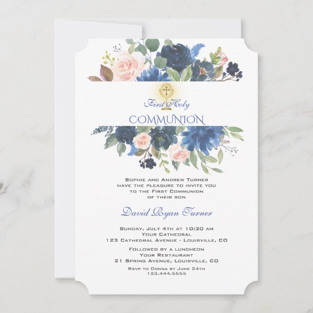 Invitación Única Comunión de la Cruz Azul de Oro Floral de Ru (Anverso)