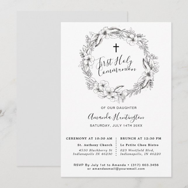 Invitación Única Comunión floral gris primera holly (Anverso / Reverso)