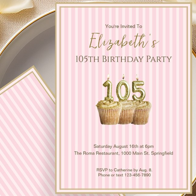 Invitación Única de Cumpleaños 105 en Rosa y Oro p (Subido por el creador)