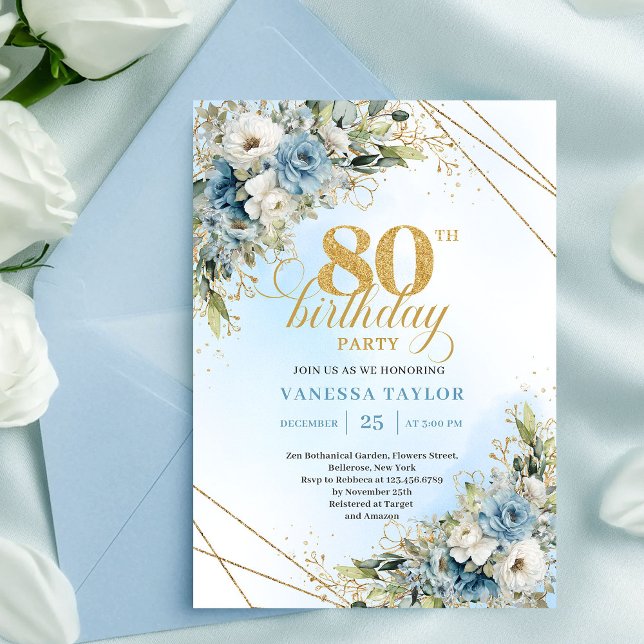 Invitación única de cumpleaños 80 Boho azul blanco (Unique 80th Birthday Invitation Boho Blue White Florals)