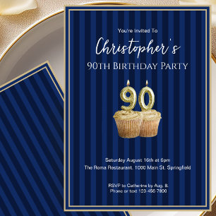 Invitación Única de Cumpleaños 90 Azul Oro para Él