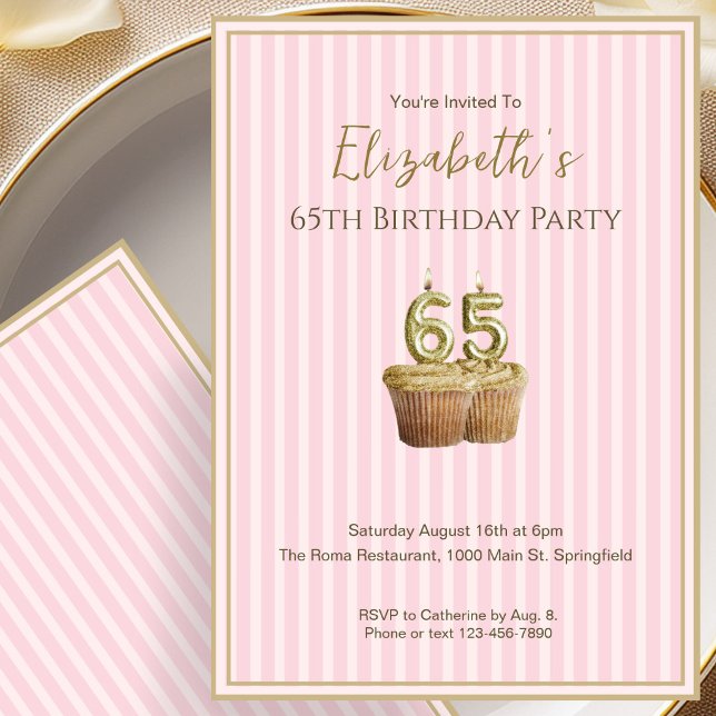 Invitación única de cumpleaños número 65 en rosa y (Subido por el creador)
