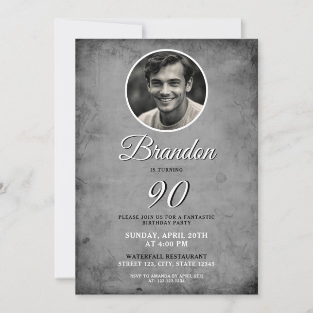Invitación Única foto en blanco y negro 90º cumpleaños (Anverso)
