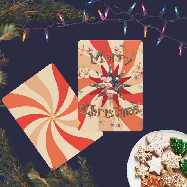 Invitación Única foto familiar de arte atómico de mediados de (Mid-Century Modern  Christmas cards with retro font and your family photo with personalized text)