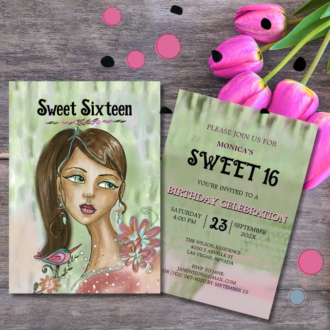 Invitación única para Sweet 16 - Niña de flores ca (Unique Sweet 16 Invitation - Whimsical Flower Girl)