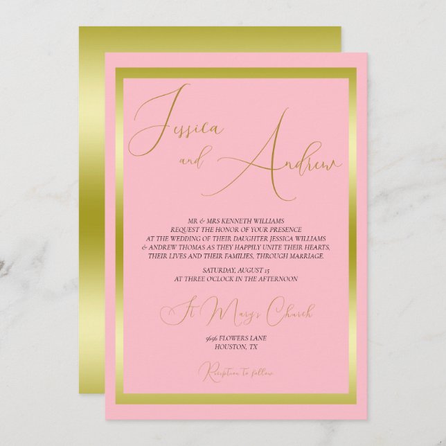 Invitación única para una boda de oro y rosado con (Anverso / Reverso)