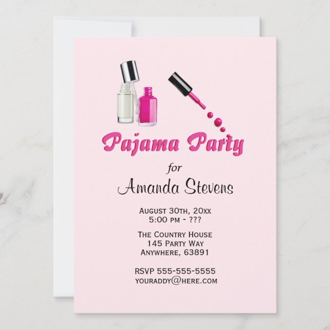 Invitación Única Rosa para Fiesta de Pijamas para  (Anverso)