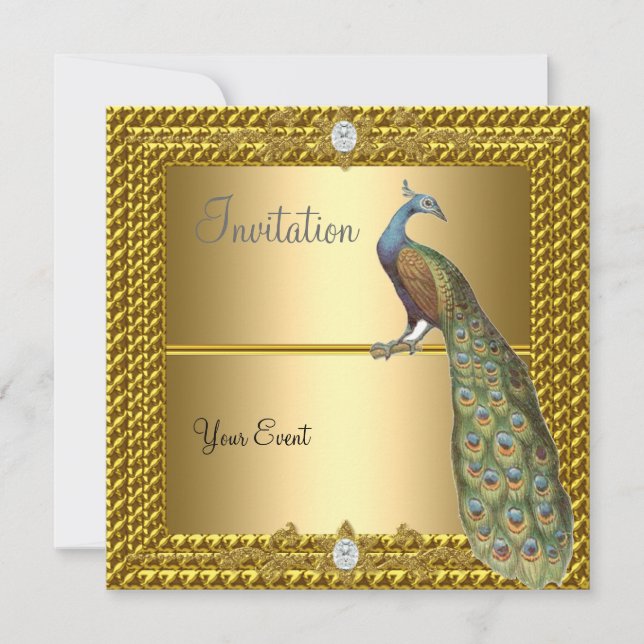 Invitación única y elegante de oro y pavo real (Anverso)