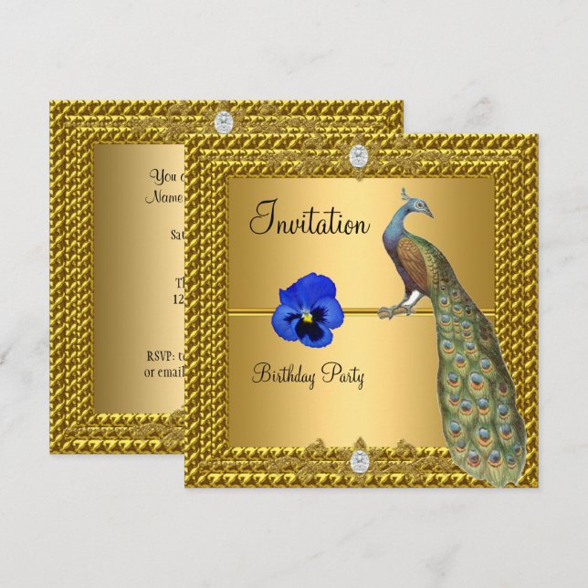 Invitación única y elegante de oro y pavo real (Anverso / Reverso)