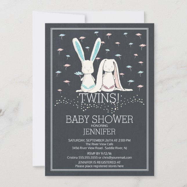 Invitación Único Chalkboard TWIN Chica Boy Bunny Baby Shower (Anverso)