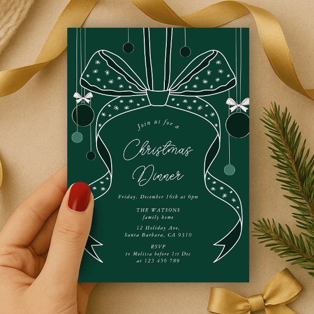 Invitación Único Fiesta de Navidades Elegantes de Bow y Cinta (elegant bow and ribbon Christmas party invitation green and white)