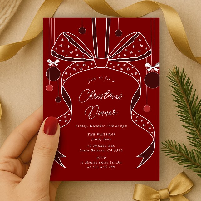 Invitación Único Fiesta de Navidades Elegantes de Bows Rojos  (elegant bow and ribbon Christmas party invitation red and white)