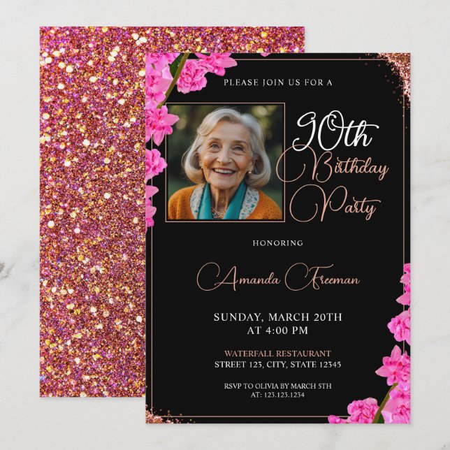 Invitación Único Purpurina floral 90º cumpleaños (Anverso / Reverso)