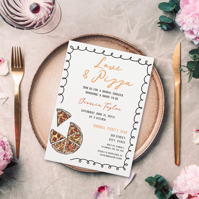 Invitación Único Quirky Whimsical Bridal Brunch Amor y Pizza (hand drawn cartoon pizza bridal shower invitation with bow border)