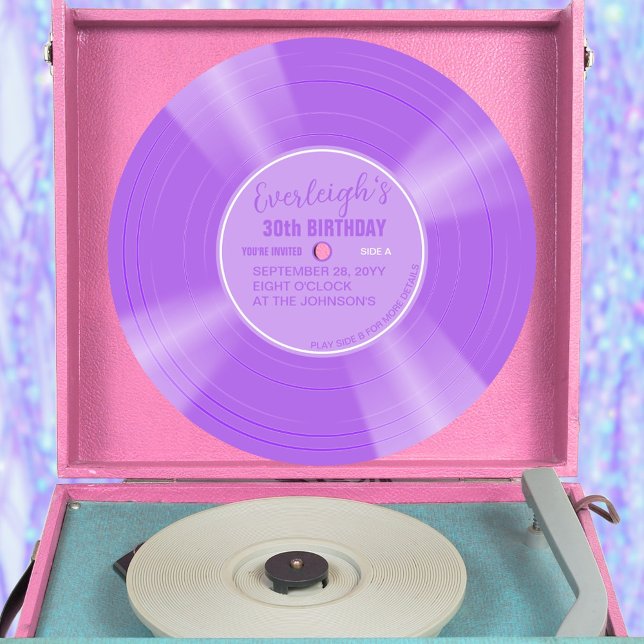Invitación Único registro de vinilo púrpura Lilac Cumpleaños (Lilac purple color vinyl record pop birthday invitation with lilac purple label)