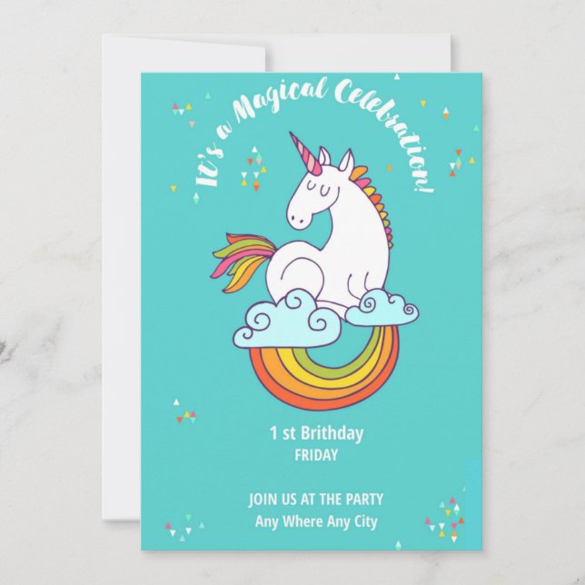Invitación Unicorn 1 ST Birthday Gold Teal Pink Purple  (Anverso)
