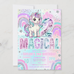 Invitación Unicorn 2do Cumpleaños Dos Arcoiris Mágico Brillan