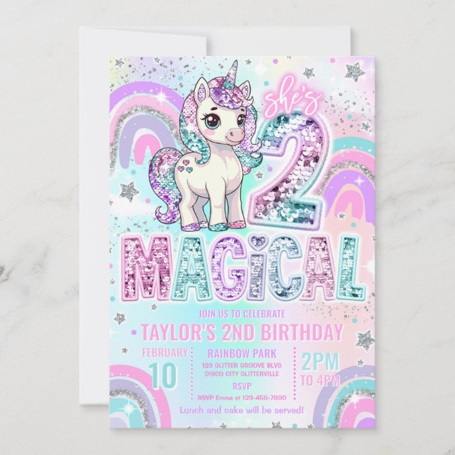 Invitación Unicorn 2do Cumpleaños Dos Arcoiris Mágico Brillan (Anverso)