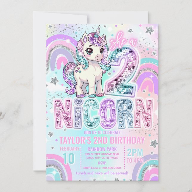 Invitación Unicorn 2nd Birthday Two-nicorn Rainbow Glitter (Anverso)