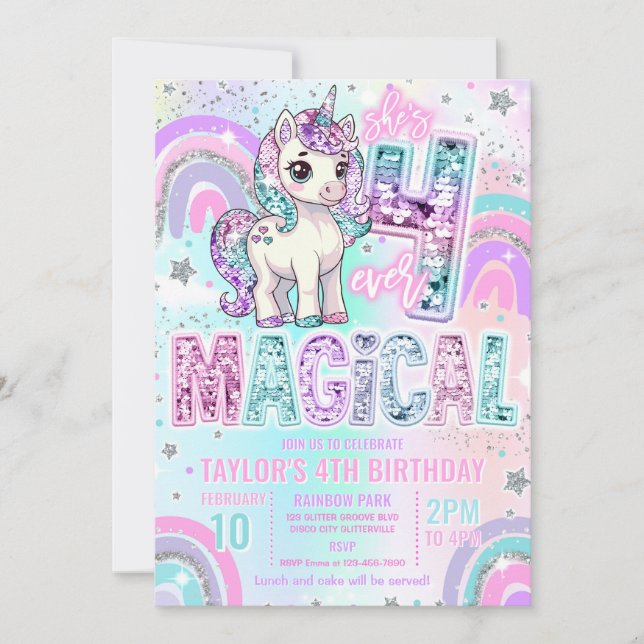 Invitación Unicorn 4th Birthday Four Ever Magical Rainbow  (Anverso)