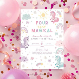 Invitación Unicorn 4th Birthday Invitation. Editable Rainbow