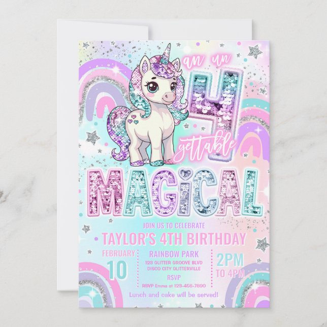Invitación Unicorn 4th Birthday Un-fourgettable Magical (Anverso)