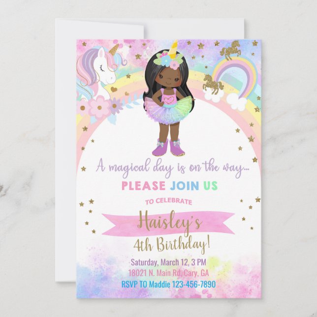 Invitación Unicorn african american girl magical birthday. (Anverso)